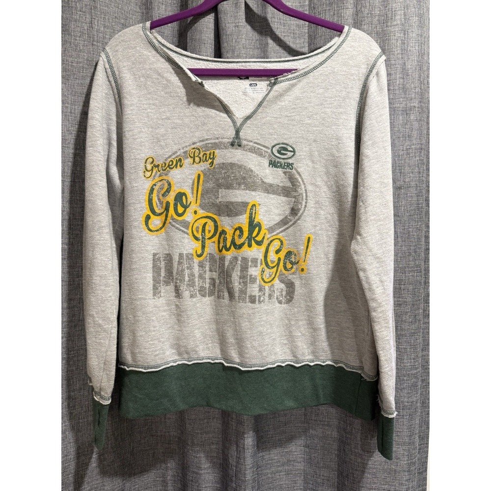Green Bay Packers Women's Sweatshirt Size L Go Pack Go Raw Edge Deconstruct Look